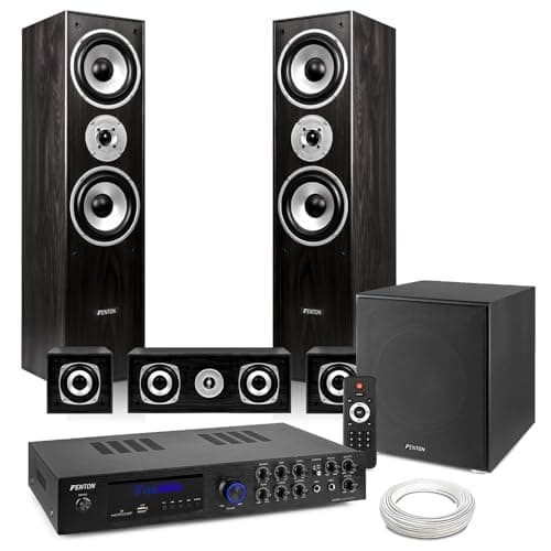 Image of Fenton HF5B Black 5.1 Surround Sound System with AV550BT Amp - Complete Home Theatre Audio Solution with Bluetooth, 12" Active Subwoofer, Home Cinema Sound System