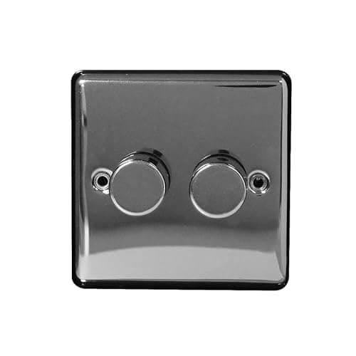 Image of Arlec 2-Gang 250W Dimmer Metal Light Switch | Screwed Faceplate | 2-Way Push On/Off | Compatible with LED and Halogen Lamps | Black Nickel Finish | 85 x 85 x 43mm