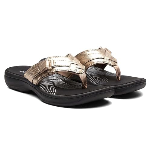 Image of Clarks - Womens Breeze Sea Flip-Flop Sandals, Gold Synthetic/Black, 8