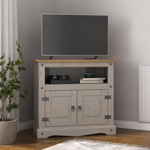 Image of Corona Grey Corner TV Stand Cabinet Mexican Solid Pine