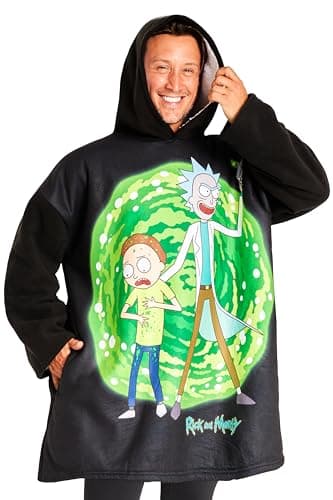 Image of RICK AND MORTY Blanket Hoodie for Men and Teenagers - Cosy Oversized Fleece Hoodie One Size Sherpa Lined - Gifts for Men Black