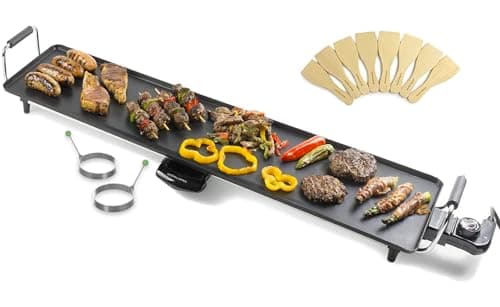 Image of Andrew James Teppanyaki Electric Grill Plate & 2 Egg Rings | XXL Non-Stick Tabletop Griddle with 88cm x 23cm Hot Plate & Adjustable Temperature | Includes 8 Wooden Spatula