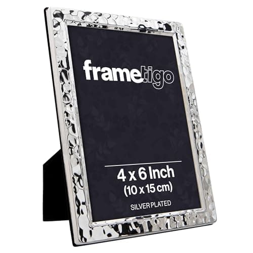 Image of Frametigo - Silver Plated Narrow Hammered Photo Frame, 4"x6" (10x15cm) Photo Size - Velvet Frame Backing & Stand - Real Glass Window - Tarnish Resistant - Landscape or Portrait Orientation