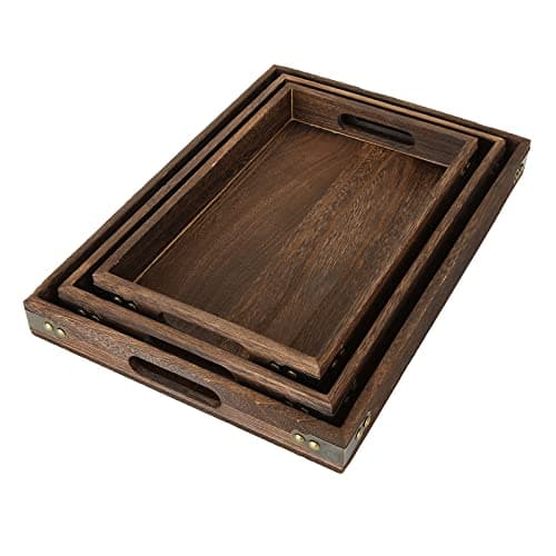 Image of GOYADA Set of 3 Rectangular Wooden Serving Trays with Cutout Handle, Butler Wooden Serving Platter, Large Medium Small Nesting Breakfast in Bed Serving Trays for Coffee Food Home Kitchen Table Bar