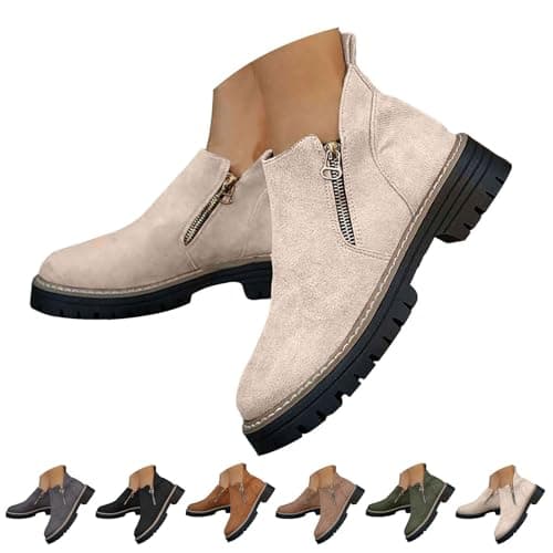 Image of Momolaa UK 5 Women's Ankle Booties, Ladies Faux Suede Low Block Heel Double Side Zip Ankle Short Boots Chelsea Pull on Booties Casual Comfortable Western Boots Footwear 001_Beige