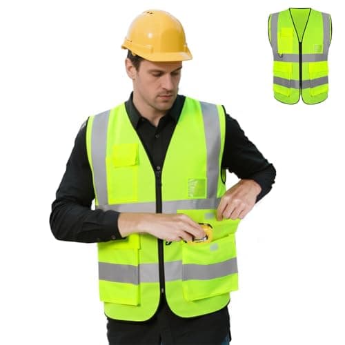 Image of Adiwo Pocket Reflective Vest, High Visibility Reflective Safety Jacket, Hi Vis Vests for Women Men with Zipper, 5 Pockets, 2 inch Reflective Strip, ID Holder, for Construction, Oudoor, Cycling, XXL