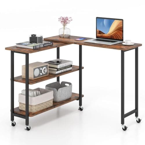 Image of COSTWAY Corner Computer Desk, 360° Rotating Sofa Side Table Writing Desk with 2-Tier Storage Shelves, L-Shaped PC Laptop Workstation Couch Snack Table for Home Office (Rustic Brown, 140 x 30 x 69 cm)