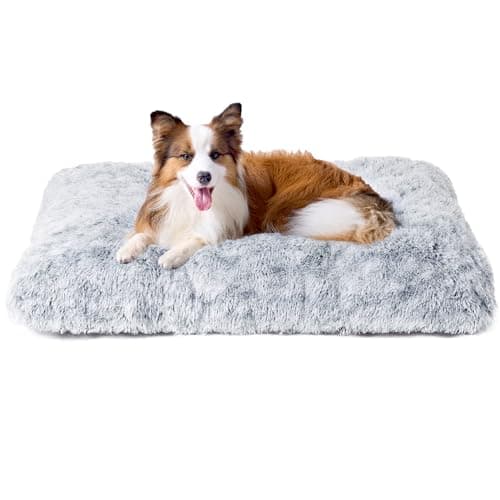 Image of EHEYCIGA XL Dog Bed Extra Large, Fluffy Calming Dog Bed, Anti Anxiety Washable Pet Cushion for Crate Mattress with Anti-Slip Bottom, Grey, 105x70x9cm