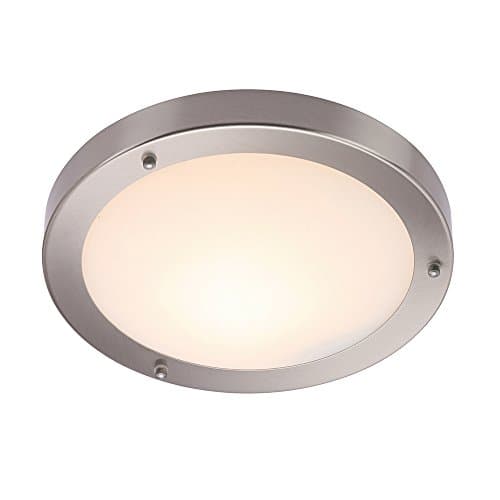 Image of Saxby Portico 60W Modern 300mm Flush Brushed Chrome and Frosted Glass IP44 Bathroom Ceiling Light