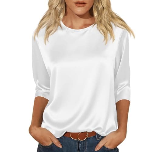 Image of Satin Shirt Women UK 3/4 Sleeve Party Tops for Women Crew Neck Elegant Silk Blouses UK Casual Tee White M 38