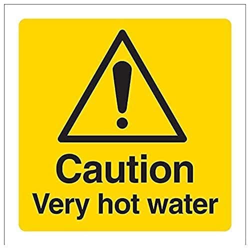 Image of Vsafety 62017AF-R Caution Very Hot Water Sign - Square - 100mm x 100mm - 1mm Rigid Plastic, Black/Yellow