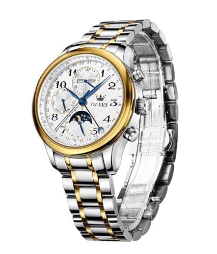 Image of OLEVS Automatic Watches for Men Multi Calendar Moonphase with 3ATM Waterproof Business Classic Luxury Wrist Watch, Gold&White