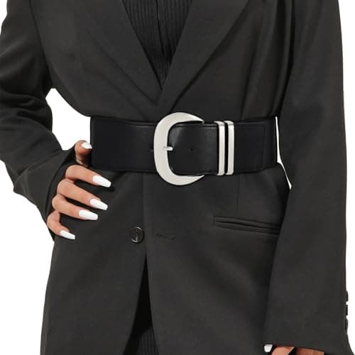 Image of JASGOOD Women Wide Elastic Waist Belt for Dresses Fashion Ladies Stretchy Leather Waistband with Gold Buckle, Black(silver), Fits Waist Size 33"-38"