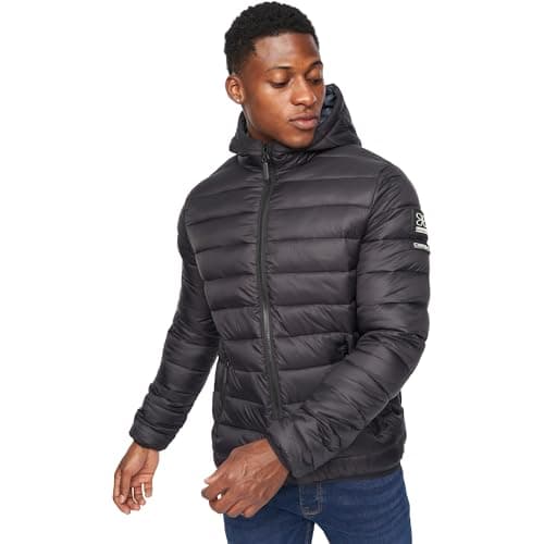 Image of Crosshatch Mens Jacket Lightweight Padded Water Resistant Coat Hooded Bubble Zip Stay Warm Technology Quilted Lined, Black, L