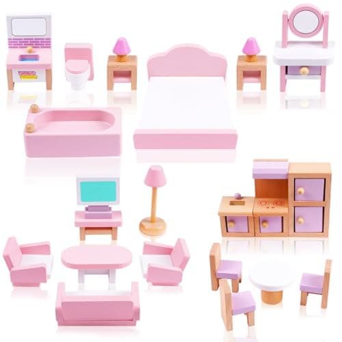 Image of HOTUT Wooden Dollhouse Furniture Set, 22 Pcs Pretend Play Furniture Toys 1:12 Scale Bathroom Bedroom Living Room Kitchen, Mini Dollhouse Accessories Pretend Play Furniture Toys Gift for Boys Girls 3Y+