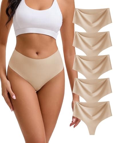 Image of OEIOEI OEIOE Seamless G-string Thongs for Women Nude Thong No Show Knickers High Waist Sexy Tangas 5 Pack (M, 5 Beige)