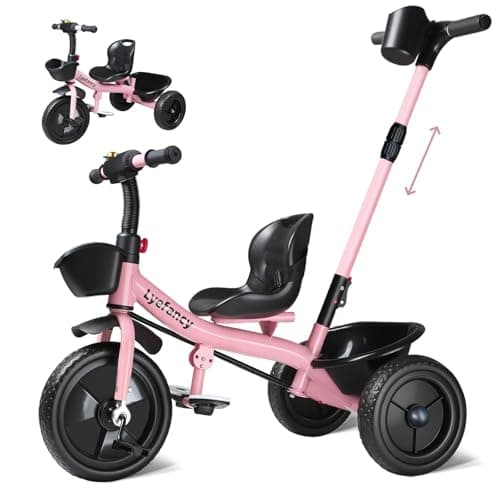 Image of Lyefancy 2 in 1 Kids Trike with Parent Handle for 1-4 Years, Kids Tricycle with Baskets and Removable Pedal, Adjustable Seat Toddler Tricycle, 3 Wheel Bike Gifts for Boys Girls Ride-On Toys(Pink)