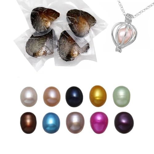 Image of kiss me Oysters with Pearl Inside, Natural Oyster Pearl with DIY Necklace Making kit, Necklace Cage Locket Cultured Pearl in Oyster Set, Surprise Gift For Wife,Girlfriend,Mother (Love 10PCs/ 7-8mm)