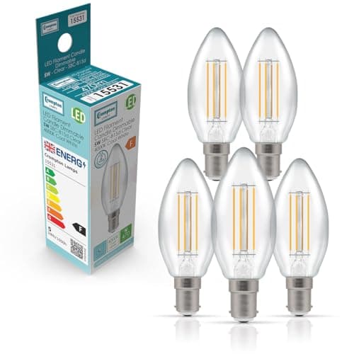 Image of Crompton Lamps Filament Candle LED Light Bulb SBC-B15d | 5W = 40W Equivalent | Cool White 4000K | Energy Efficient | Small Bayonet Lightbulb | Long Life 15000-Hrs | Clear Glass | Dimmable | 5-Pack