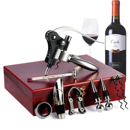 Image of 9-Pieces Corkscrew Wine Opener Set, Stainless Steel Cork Screw Rabbit Wine Bottle Opener Kit Including Foil Cutter, Pourer, Vacuum Wine Stopper Corkscrews etc, Ideal Wine Sets Gifts for Women & Men