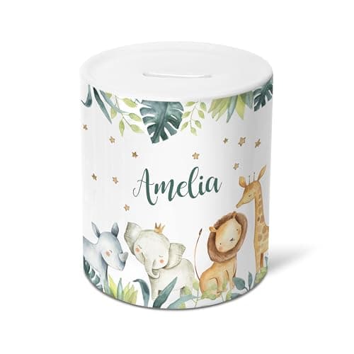 Image of Personalised Christening Money Box - Ceramic Piggy Bank for Newborn, Baby, Toddler or Child - Cute Safari Jungle Animal Theme