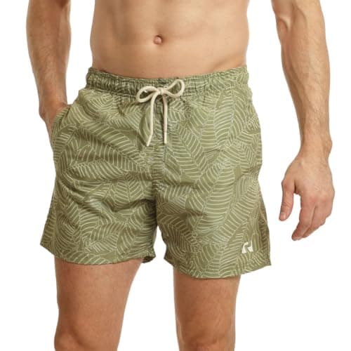 Image of RIPT Men’s Quick Dry Swim Shorts with Mesh Lining Drawstring Waist UV50 Sun Protection Beach & Swimming Trunks (Khaki Leaf Print, L)
