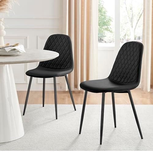Image of Furniturebox UK Corona Dining Chairs Set of 2 Contemporary & Luxurious Diamond Stitched Dining Seats - Soft & Comfortable - Black Faux Leather & Powder Coated Black Metal Legs (Set of 2)