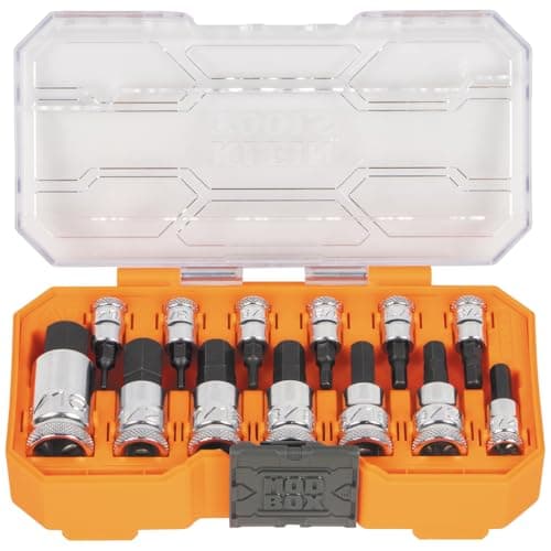 Image of Klein Tools 65213HEX Knurled Hex Bit SAE Socket Set, 1/4, 3/8 and 1/2-Inch Drives, Premium Cr-V Steel, SAE Sizes 5/64 to 9/16-Inch, MODbox Case, 13-Piece