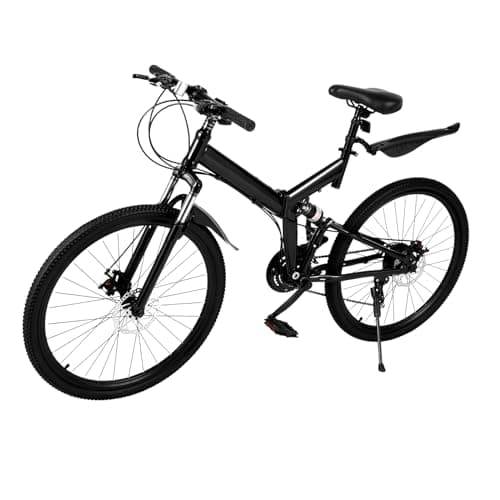 Image of Steeviuzj 21-Speed Mountain Bike, 26" Wheel Height Adjustable Mountain Bicycle with Suspension, 19" Frame Carbon Steel Folding Bike with Double Disc Brakes, Load Capacity 150kg (Black)