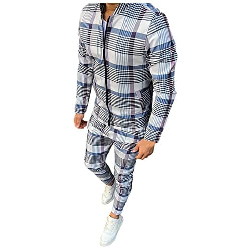 Image of Men'S Plaid Jacket Set,Men'S Gingham Check Tracksuit Set, Casual Slim Fit Plaid Zipper Jacket And Trousers, Fashionable Grid Pattern Two-Piece Outfit, Lightweight Breathable Sportswear