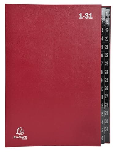 Image of Exacompta - Ref 57035E - Box of 6 Ordonator File Boxes - Hard Cover - Black Card Interior - Digital Laminated tabs from 1 to 31-32 compartments - Size 25x33cm - for A4 - red
