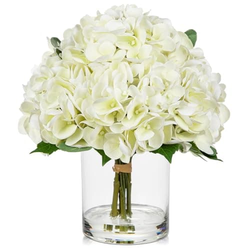 Image of Oairse Artificial White Hydrangea Flowers in Clear Glass Vase with Faux Water, 31CM Realistic Fake Flower Arrangement for Home Office Decor, Table Centrepiece, Living Room, Dining Table, Wedding