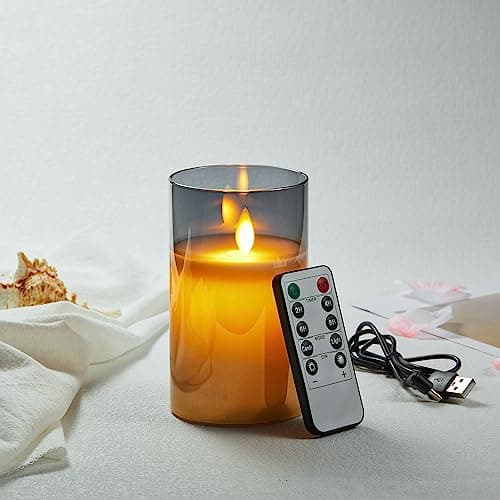 Image of Koelaa Rechargeable LED Candle, Grey Glass Candles with Remote, Battery Candles, Chargeable Flameless, Flickering Candle with Timing Function for Christmas, Festivals, Weddings Decoration-15cm