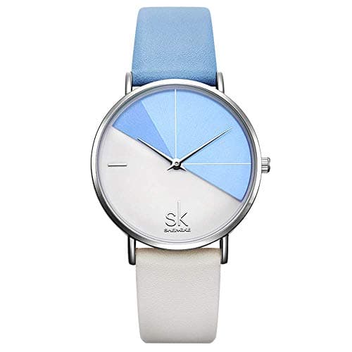 Image of SHENGKE Creative Contrast Color Simplicity Women Watch Genuine Leather Elegant Women Watches Ladies Wristwatch(K0095-Blue&White)