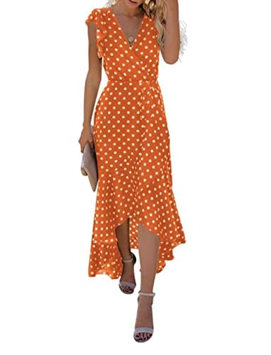 Image of GRECERELLE Womens Summer Maxi Dress Boho Floral Cocktail Polka Dot Wrap Dresses V Neck Casual Party Bohemian Flowy Long Dress for Ladies (Polka Dots-Orange, M)