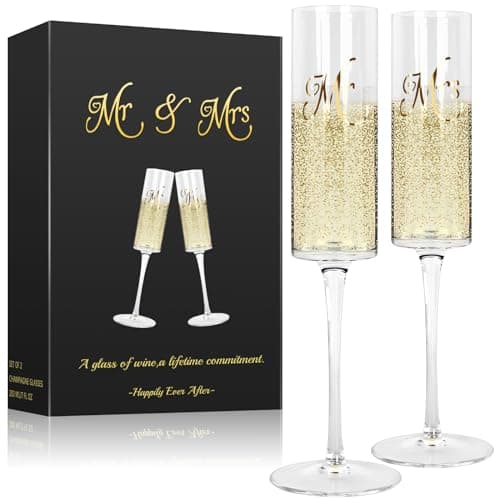 Image of Qudubuy Mr & Mrs Champagne Flutes Set of 2, 210ml Crystal Glasses – Elegant Wedding & Engagement Gifts for Couples, Toasting Flutes for Anniversaries, Valentine’s Day, and Christmas