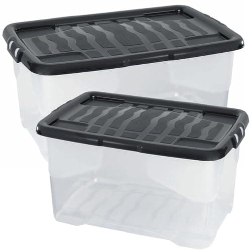 Image of STORM TRADING GROUP 4 x 42 Litres Curve Plastic Storage Boxes With Clip-On Lids Multi Storage Box For Home & Office Storage Solution - Clear/Black Lid