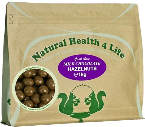 Image of Natural Health 4 Life Carol Anne Confectionery Milk Chocolate Hazelnuts 1kg, Chocolate Covered Hazelnuts in Resealable Pouch, 10g Protein/100g, Snack for Parties, Baking, Events (1 Pouch)