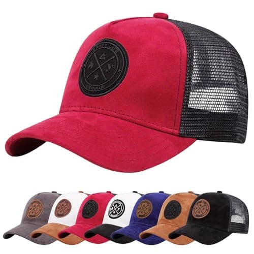 Image of Enwokran Baseball Cap Mens Embroidery Hats Unisex Hip Hop Trucker Caps Adjustable Mesh Back UPF 50+ UV Protection Summer Sun Hat Sports Cap (Red)
