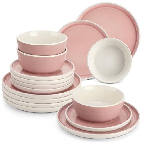 Image of vancasso ELBA 18 Piece Dinner Set for 6, Durable Stoneware Plates and Bowls for Everyday Meals, Pink Reactive Glaze Set with Dinner Plates, Dessert Plates & Cereal Bowls, Microwave & Dishwasher Safe