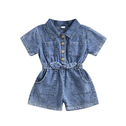 Image of Loalirando Toddler Baby Girl Summer Denim Romper Jean Overall Short Sleeve Dungarees Little Girl Shorts Jumpsuit One Piece Outfit for Kids (Blue, 3-4 Years)
