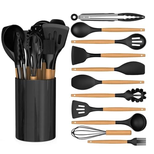 Image of 12 PCS Silicone Cooking Utensils Set with Wooden Handle, Kitchen Utensil Set, Heat Resistant, Nonstick Cookware Tongs Spatula Spoon Set, Dishwasher Safe, Best Kitchen Tools with Holder