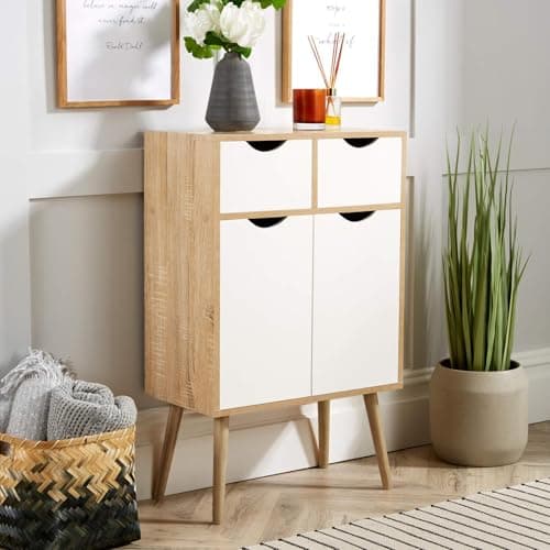 Image of Home Source Sideboard Storage Cabinet, 2 Door, 2 Drawer Cupboard, Solid Wood Legs, Oak Effect White, Scandi Style