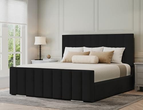 Image of Furnishion Vienna Super King Bed Frame, 6ft Super King Size Bed, Luxury Plush Velvet Upholstered Panelled Design, Strong Wooden Beds Frame 6ft Size with High Headboard in Black Plush