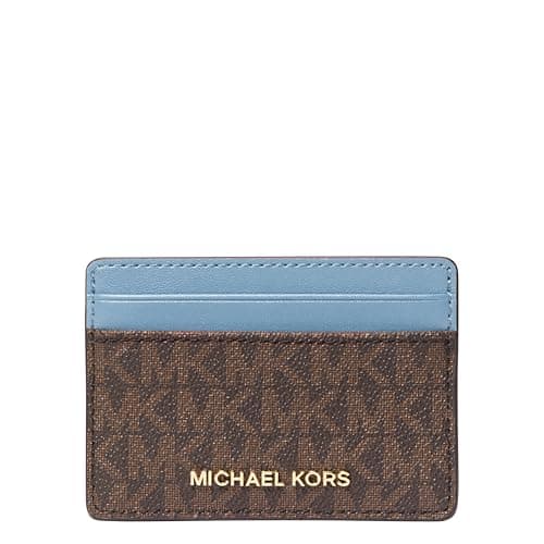 Image of Michael Kors Women's Jet Set Card Holder, Gold-Tone Hardware/MK Signature/Chambray, One Size, Michael Kors Women's Jet Set Card Holder