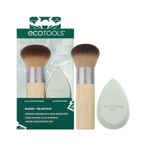 Image of EcoTools Blend + Blur Makeup Brush and Sponge Duo, Makeup Blending Sponge & Foundation Brush, For Liquid & Cream Products, Cloud Skin, Eco Friendly, Latex-Free, Cruelty Free, & Vegan, 2 Count