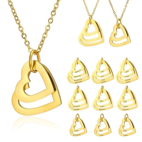 Image of Urijk Gold Personalised Two Hearts Pendant Necklace for Women Custom Two Heart Engraved Necklace for Mum Grandma Double Heart Necklace Personalised Gifts-Customised Engraved 2 Family Names Necklaces