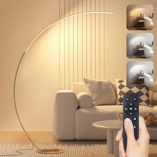 Image of LED Arc Floor Lamp for Living Room, 25W Dimmable Standing Lamp with Remote Control, 3 Colors Temperature & 5 Brightness, Modern Tall Corner Floor Light Reading Lamp for Bedroom Office, Gold 165CM