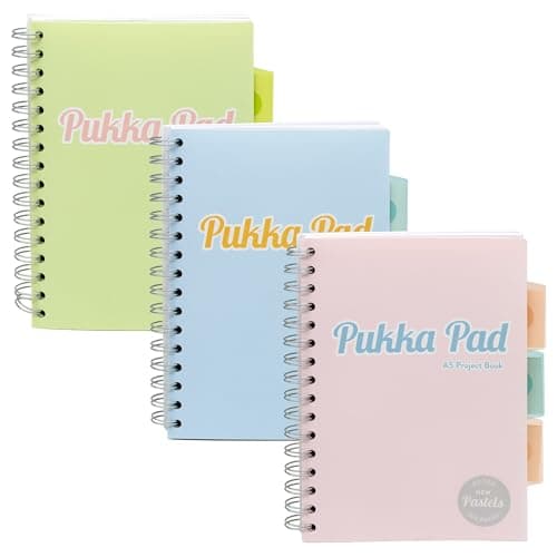 Image of Pukka Pad Pastel A5 Project Books – Pack of 3 Twin Wire Bound Notebooks with Repositionable Dividers & 200 Pages, 100 Sheets of 80GSM Perforated Paper with 8mm Feint Ruled Lines – Pink, Blue, & Green