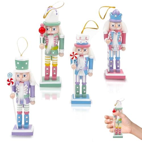 Image of Color Wooden Nutcracker Soldier for Christmas,4Pcs 12.5cm Wooden Figure Ornament,Christmas Tree Tabletop Decoration,Small Nutcracker Soldier Puppet Doll Pendant Hanging for Tree Xmas Gift Indoor Decor